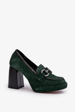 Skórzane Czółenka Na Masywnym Słupku Laura Messi 2706 Ciemnozielone