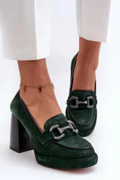 Skórzane Czółenka Na Masywnym Słupku Laura Messi 2706 Ciemnozielone
