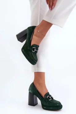 Skórzane Czółenka Na Masywnym Słupku Laura Messi 2706 Ciemnozielone
