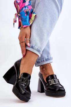 Skórzane Czółenka Na Masywnym Obcasie Czarne Maximo