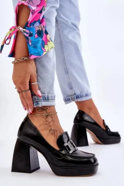 Skórzane Czółenka Na Masywnym Obcasie Czarne Maximo