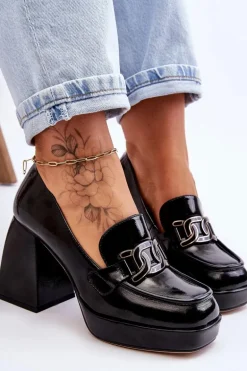 Skórzane Czółenka Na Masywnym Obcasie Czarne Maximo