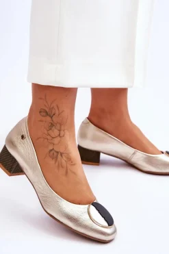 Skórzane Czółenka Na Niskim Obcasie Maciejka 05960-25 Złote