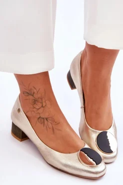 Skórzane Czółenka Na Niskim Obcasie Maciejka 05960-25 Złote