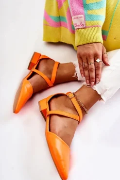 Skórzane Czółenka Na Niskim Obcasie Pomarańczowe Giovanna