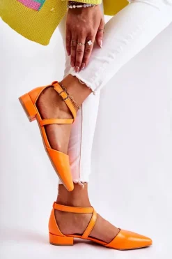 Skórzane Czółenka Na Niskim Obcasie Pomarańczowe Giovanna