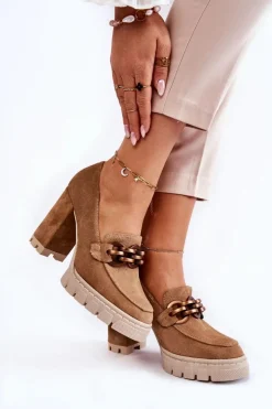 Skórzane Czółenka Na Platformie I Słupku Lewski Shoes 3197 Beżowe