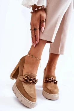 Skórzane Czółenka Na Platformie I Słupku Lewski Shoes 3197 Beżowe