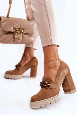 Skórzane Czółenka Na Platformie I Słupku Lewski Shoes 3197 Beżowe