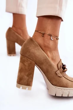 Skórzane Czółenka Na Platformie I Słupku Lewski Shoes 3197 Beżowe