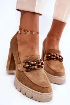 Skórzane Czółenka Na Platformie I Słupku Lewski Shoes 3197 Beżowe