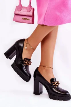 Skórzane Czółenka Na Platformie I Słupku Lewski Shoes 3197 Czarne