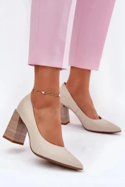 Skórzane Czółenka Na Słupku Beżowe Gregosa