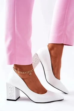 Skórzane Czółenka Na Słupku Białe Cherith