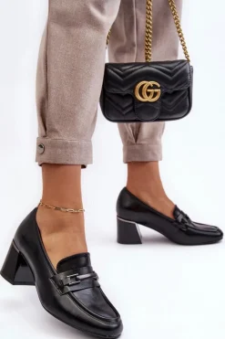 Skórzane Czółenka Na Słupku Czarne Idona