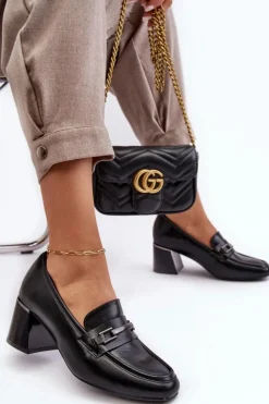 Skórzane Czółenka Na Słupku Czarne Idona