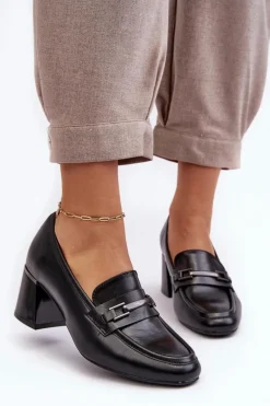 Skórzane Czółenka Na Słupku Czarne Idona