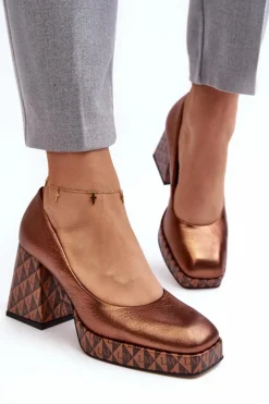 Skórzane Czółenka Na Słupku Laura Messi 259/819-821 Miedziane