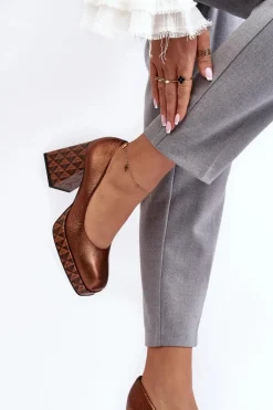 Skórzane Czółenka Na Słupku Laura Messi 259/819-821 Miedziane