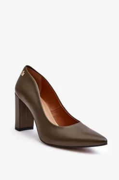 Skórzane Czółenka Na Słupku Laura Messi 2624/227 Ciemnozielone