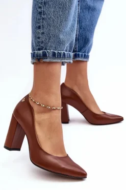 Skórzane Czółenka Na Słupku Laura Messi 2624/237 Brązowe