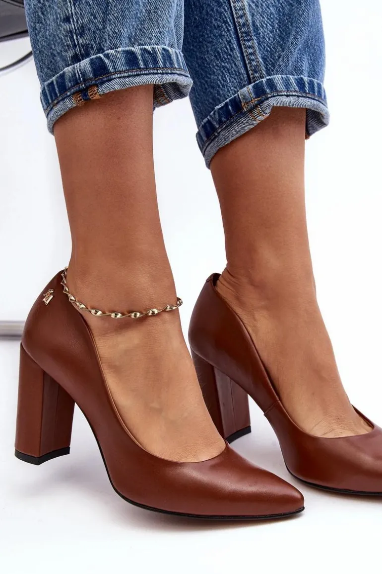 Skórzane Czółenka Na Słupku Laura Messi 2624/237 Brązowe