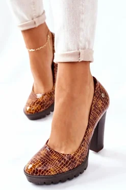 Skórzane Czółenka Na Słupku Maciejka 02629-50 Lakierowane Rudy