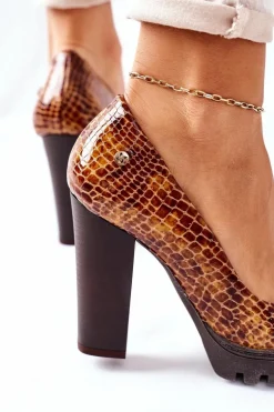 Skórzane Czółenka Na Słupku Maciejka 02629-50 Lakierowane Rudy