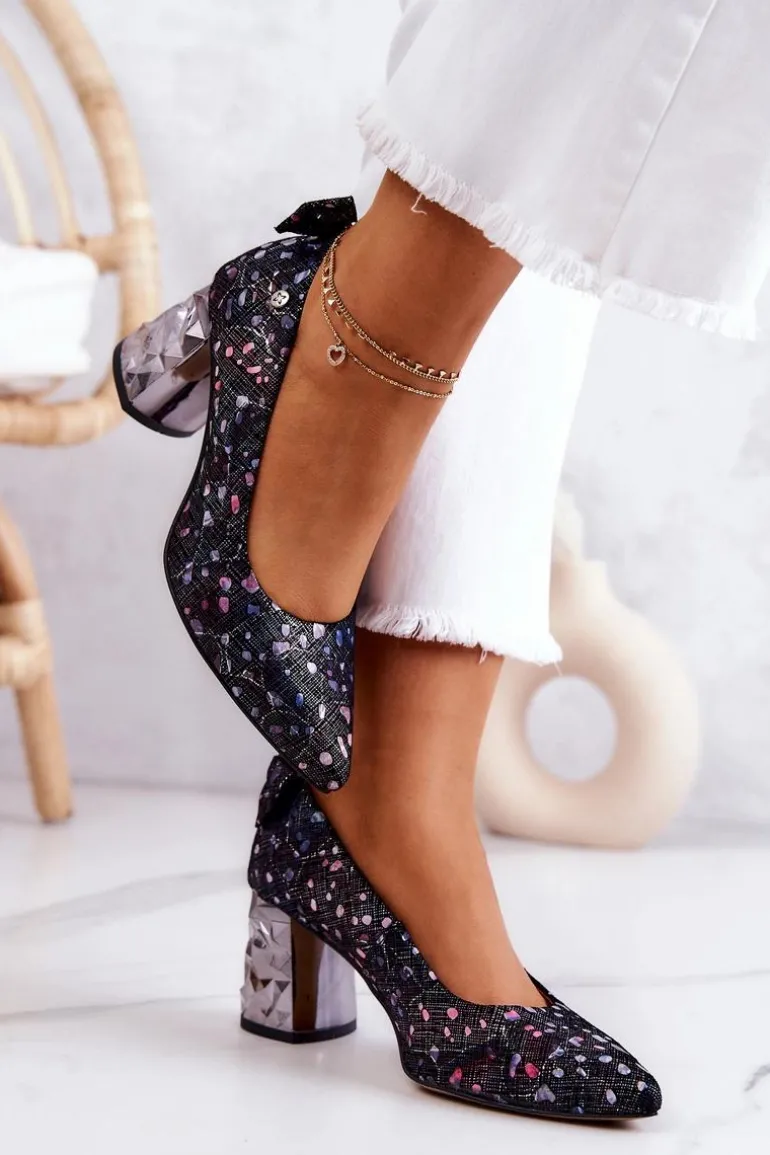 Skórzane Czółenka Na Słupku Maciejka 05334-15 Granatowe