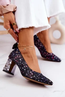 Skórzane Czółenka Na Słupku Maciejka 05334-15 Granatowe