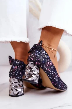 Skórzane Czółenka Na Słupku Maciejka 05334-15 Granatowe