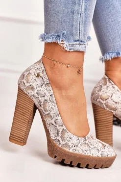 Skórzane Czółenka Na Słupku Maciejka 02629-25 Złoto-Beżowe