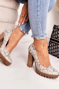 Skórzane Czółenka Na Słupku Maciejka 02629-25 Złoto-Beżowe