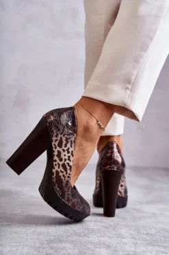 Skórzane Czółenka Na Słupku Maciejka 02629-02 Brązowe