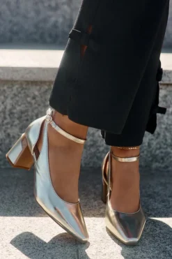 Skórzane Czółenka Na Słupku Maciejka K6816-25 Złote