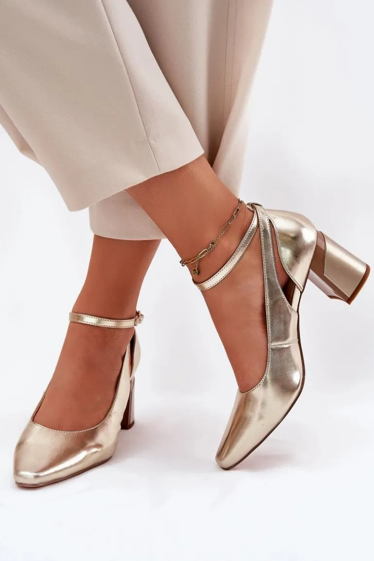 Skórzane Czółenka Na Słupku Maciejka K6816-25 Złote