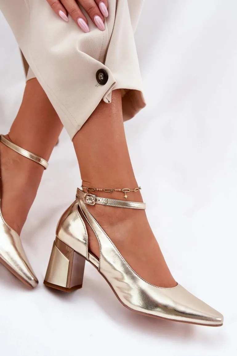 Skórzane Czółenka Na Słupku Maciejka K6816-25 Złote