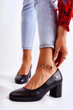 Skórzane Czółenka Na Słupku Sergio Leone PB178 Czarne