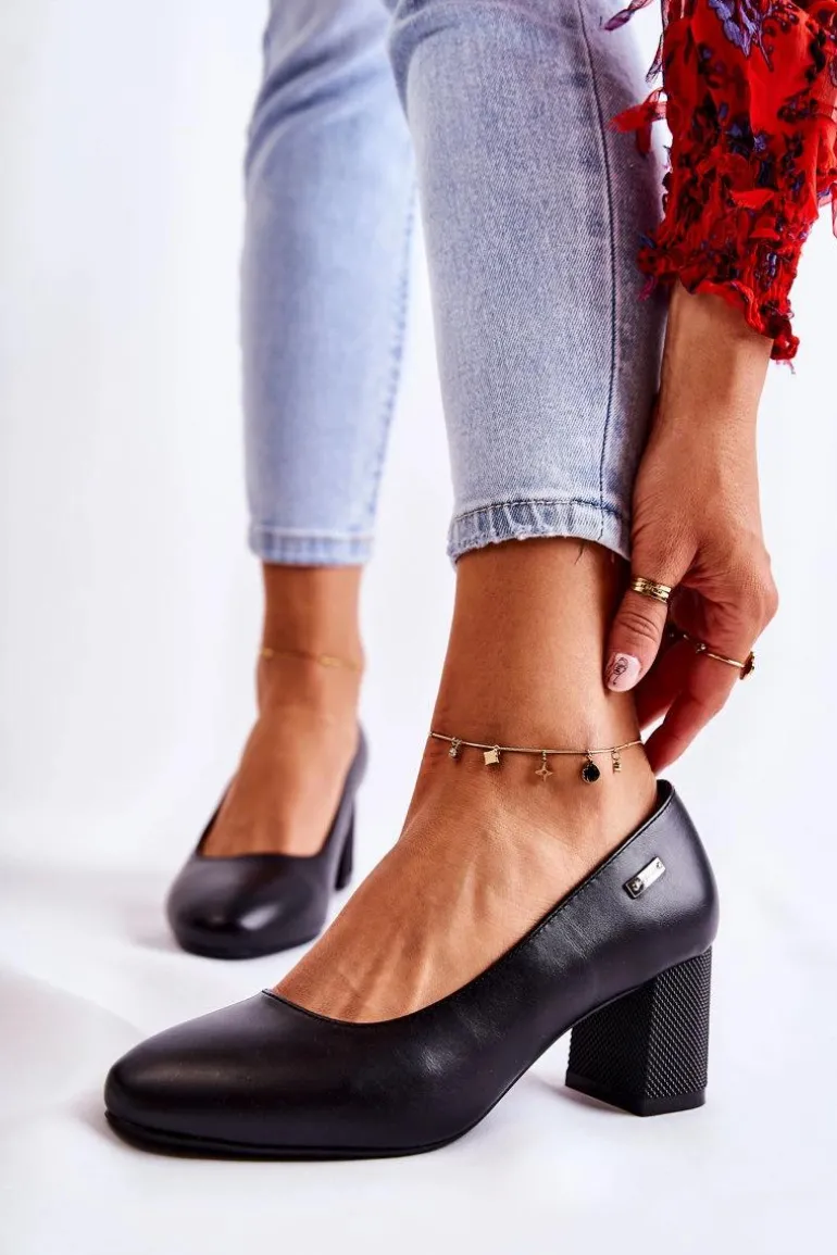 Skórzane Czółenka Na Słupku Sergio Leone PB178 Czarne