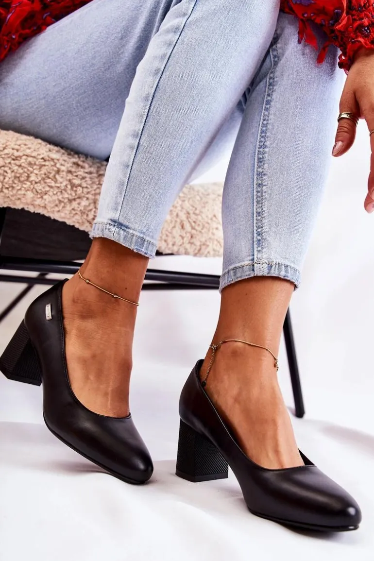 Skórzane Czółenka Na Słupku Sergio Leone PB178 Czarne