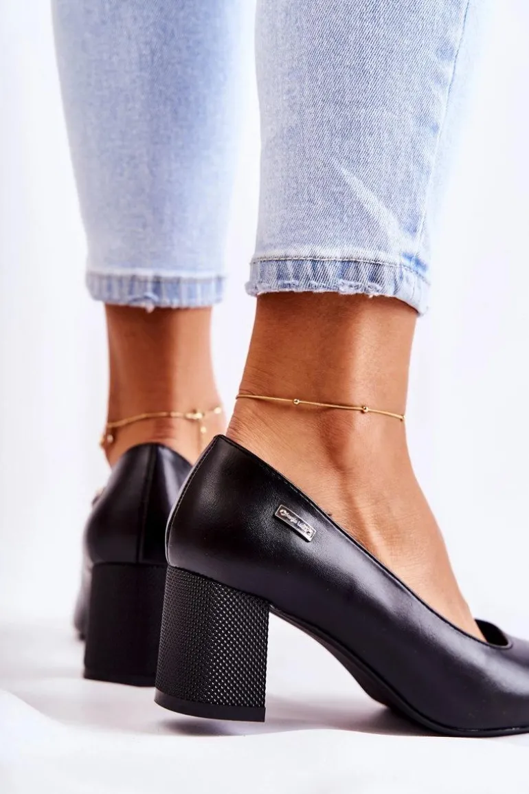 Skórzane Czółenka Na Słupku Sergio Leone PB178 Czarne