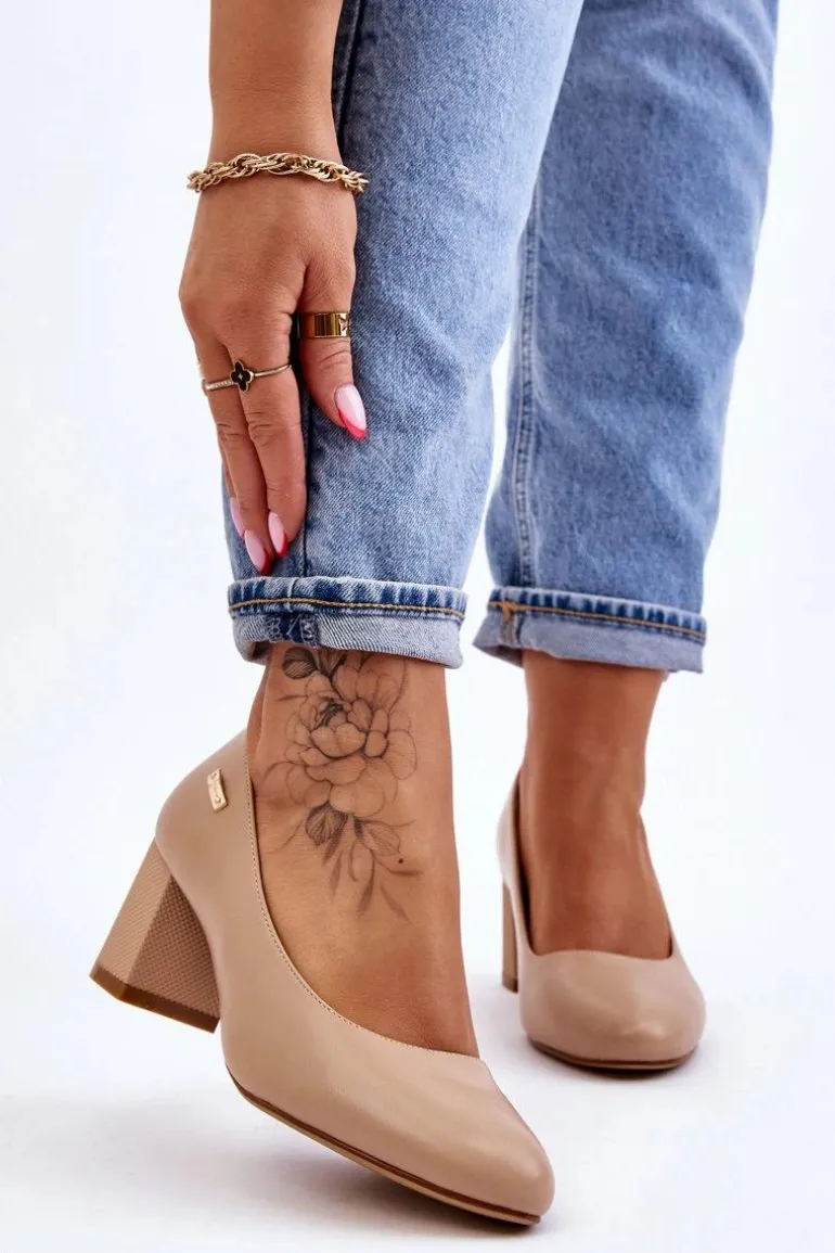 Skórzane Czółenka Na Słupku Sergio Leone PB178 Beżowe