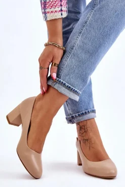 Skórzane Czółenka Na Słupku Sergio Leone PB178 Beżowe