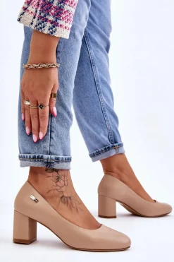 Skórzane Czółenka Na Słupku Sergio Leone PB178 Beżowe