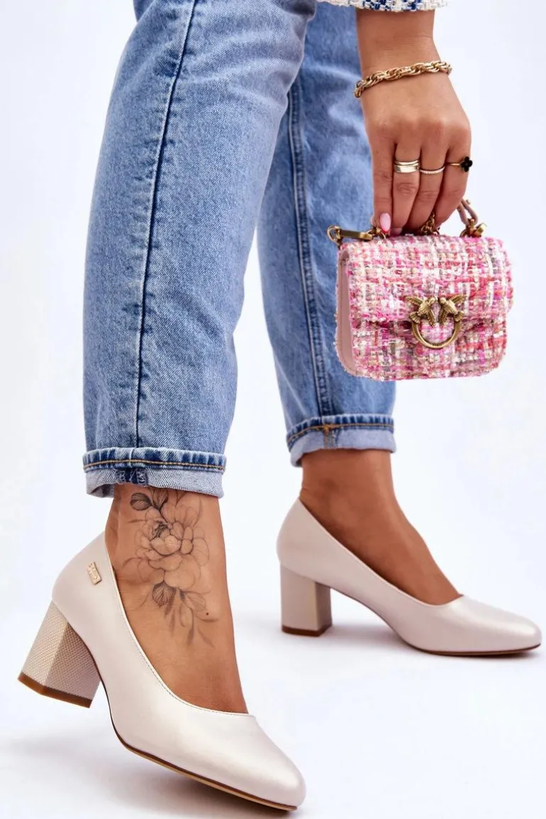 Skórzane Czółenka Na Słupku Sergio Leone PB178 Perła Beżowe