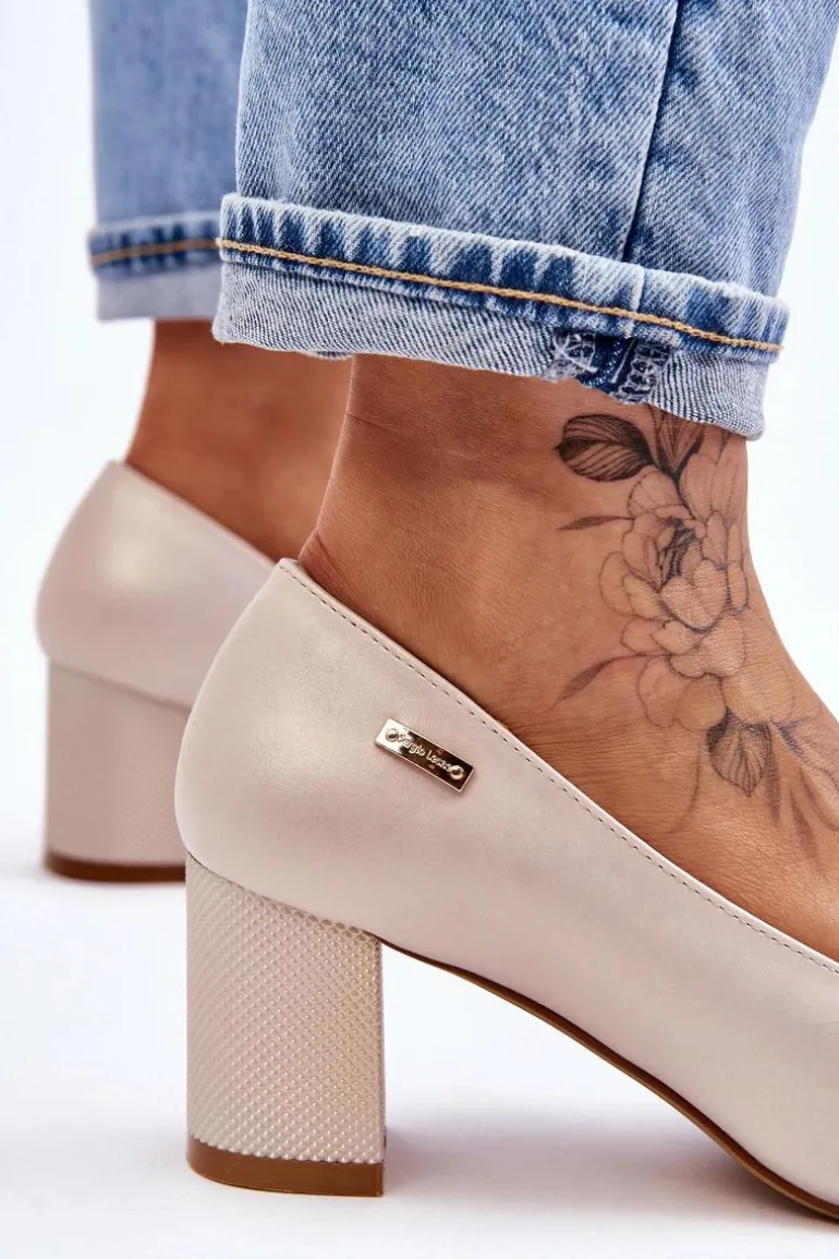 Skórzane Czółenka Na Słupku Sergio Leone PB178 Perła Beżowe