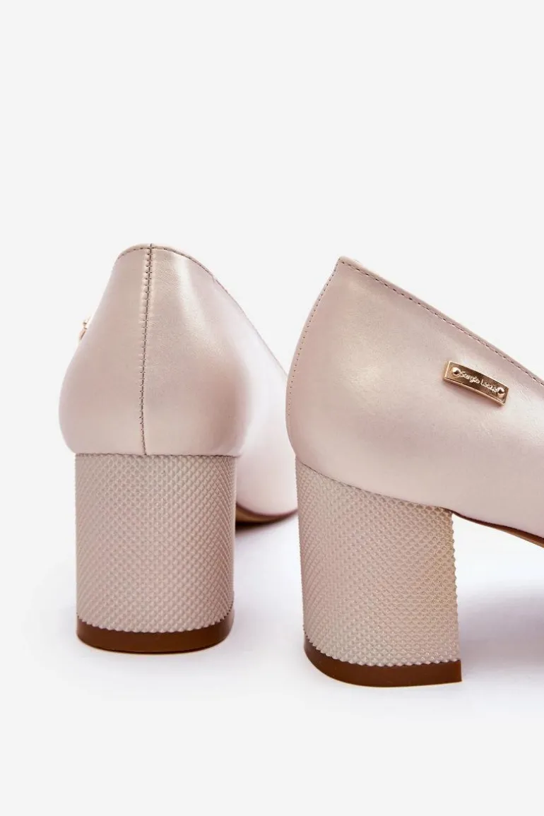 Skórzane Czółenka Na Słupku Sergio Leone PB178 Perła Beżowe