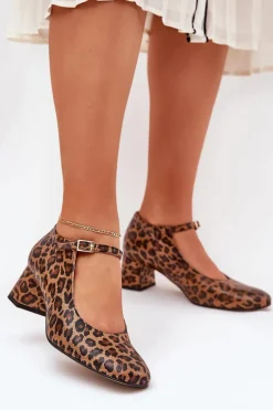 Skórzane Czółenka Na Słupku W Panterkę Laura Messi 2936 Brązowe