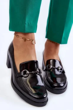 Skórzane Czółenka Na Słupku Z Ozdobą Czarne Semila