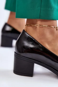 Skórzane Czółenka Na Słupku Z Ozdobą Czarne Semila